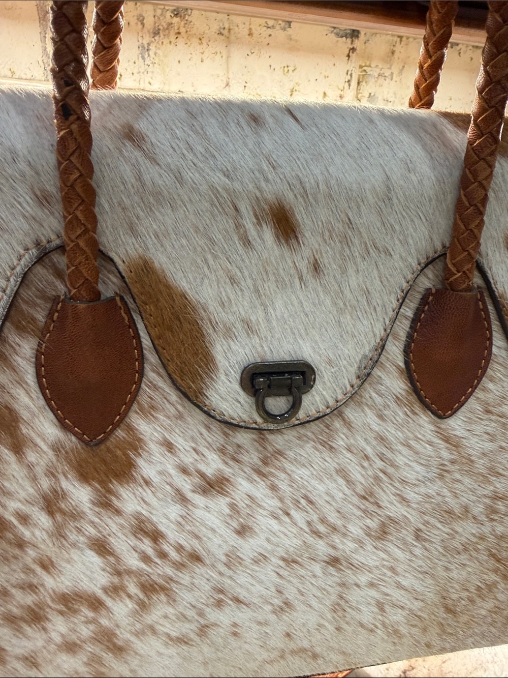Cowhide Two-Tone Brown & White Braided-Handle Satchel - Picture 2 of 8